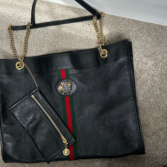 GUCCI Rajah Chain Tote Bag Leather Black 537219 Tiger head Purse 90191005 - Picture 2 of 5